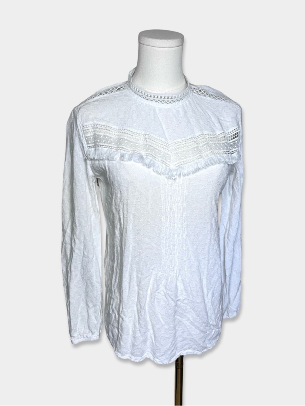 Stella & Dot Size S White Lace-Detail Long Sleeve Blouse